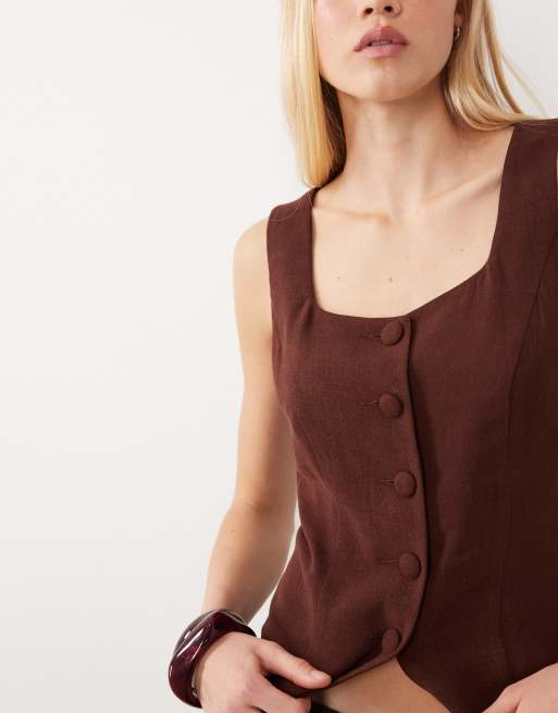 Miss Selfridge linen mix vest in chocolate, 4 of 4