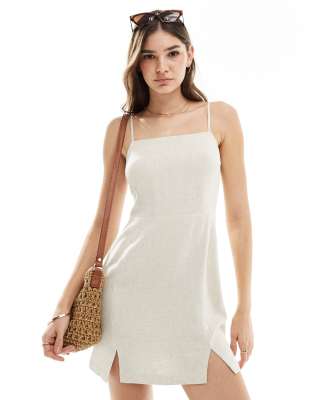 miss selfridge linen strappy slit hem mini dress in natural slub