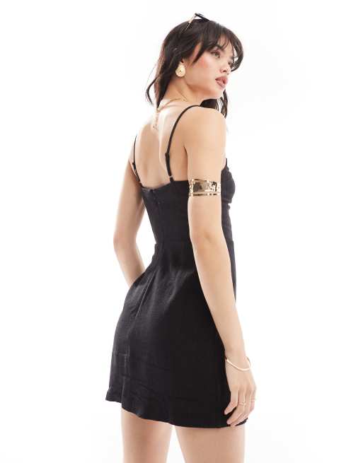 Miss Selfridge linen strappy split hem mini dress in black | ASOS