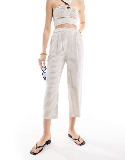 Miss Selfridge linen stripe pull on tapered pants in natural