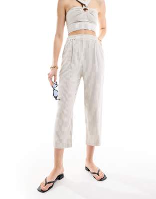 Miss Selfridge linen stripe pull on tapered trouser in natural-Neutral