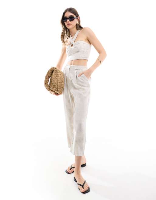 Miss Selfridge linen stripe pull on tapered trouser in natural, 2 of 5