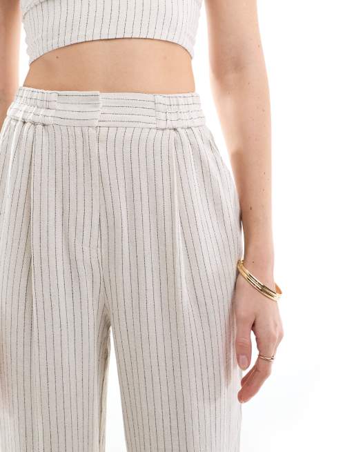 Miss Selfridge linen stripe pull on tapered trouser in natural, 3 of 5