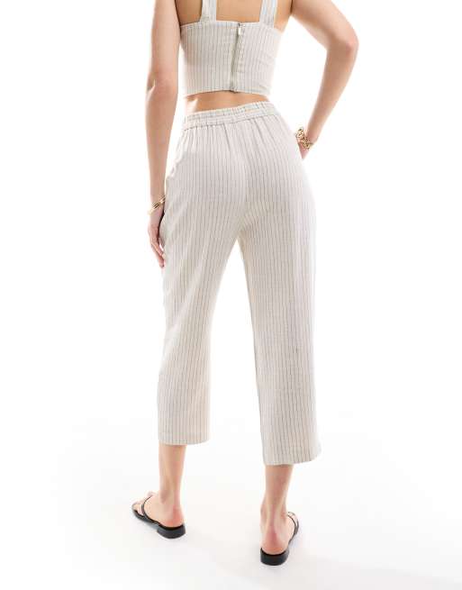 Miss Selfridge linen stripe pull on tapered trouser in natural, 4 of 5