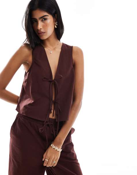 Miss Selfridge linen tie front top co-ord in chocolate - view 1