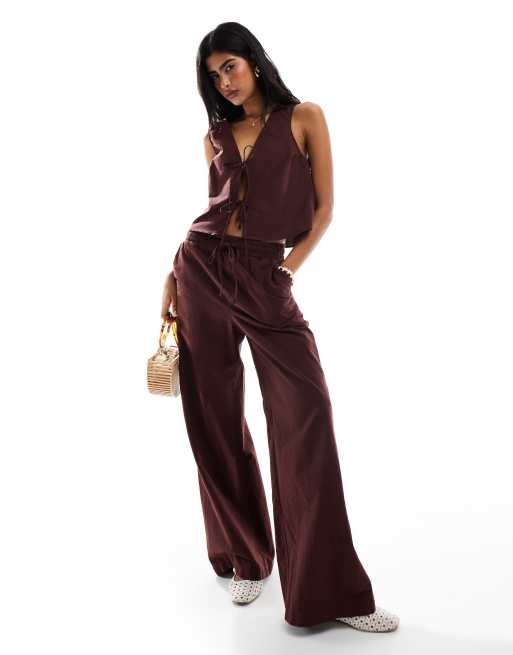 Miss Selfridge linen tie front top co-ord in chocolate, 2 of 4