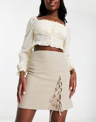 Miss Selfridge linen tie side mini skirt in stone - ASOS Price Checker