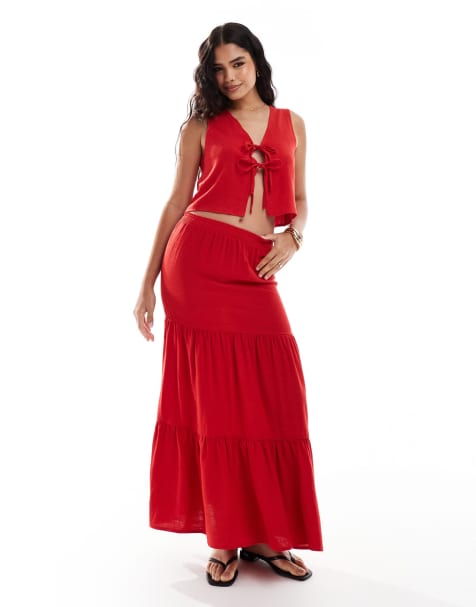 Miss Selfridge linen tiered skirt co ord in red - view 1