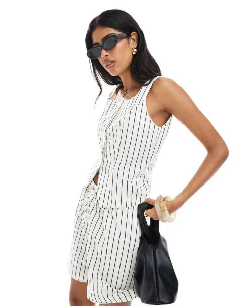 Miss Selfridge linen waistcoat co-ord in neutral stripe - view 1