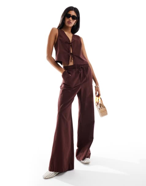 Miss Selfridge linen wide leg trouser co-ord in chocolate