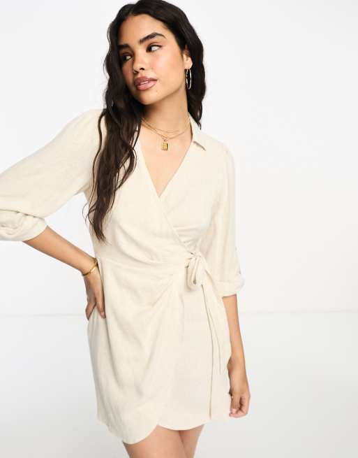 Miss Selfridge linen wrap dress in natural slub