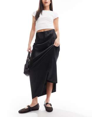 liquid satin bias maxi skirt in black