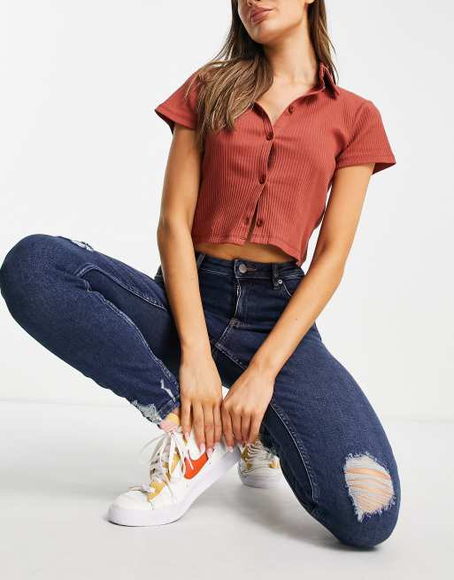 Miss Selfridge – Lizzie – Ciemnoniebieskie jeansy o obcisłym kroju z podwyższonym stanem i przetarciami 
