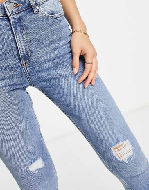 Skinne landdistrikterne Kræft Miss Selfridge Lizzie high rise ripped hem skinny jeans in midwash blue |  ASOS