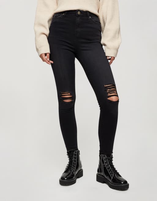 Miss Selfridge Lizzie high waist skinny jeans with rips in black | ASOS