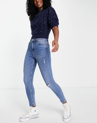 Jeans Miss Selfridge - Lizzie - Jean skinny authentique à taille haute et déchirures - Bleu délavé moyen