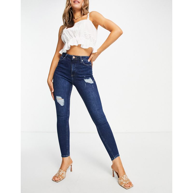 zv7Yc Jeans Miss Selfridge - Lizzie - Jeans skinny a vita alta lavaggio blu scuro autentico con strappi