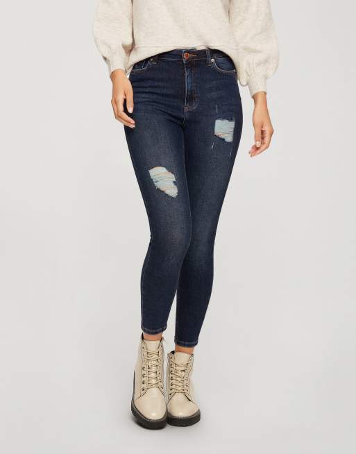 Miss Selfridge Lizzie Short High Waist Authentic Ripped Skinny Jeans In Dark Blue Faoswalim