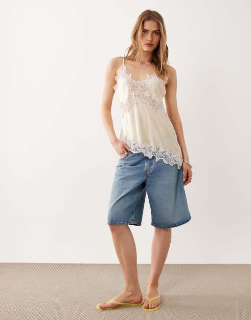 Miss Selfridge – Ljusbeige, asymmetriskt linne i satin och spets, 2 av 4