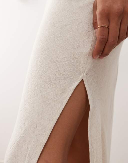Miss Selfridge – Ljusbeige diagonalskuren maxikjol i linnemix, 5 av 5