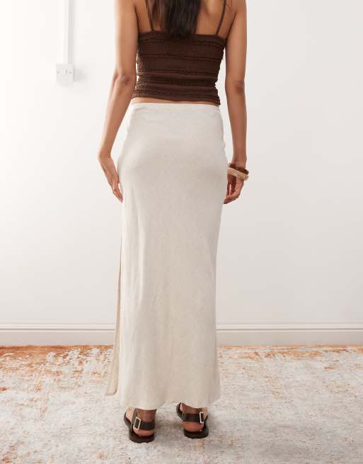 Miss Selfridge – Ljusbeige diagonalskuren maxikjol i linnemix, 5 av 5