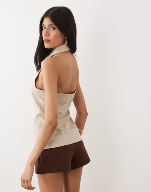 Miss Selfridge – Ljusbeige, figursydd topp med halterneck, del av set, 4 av 4