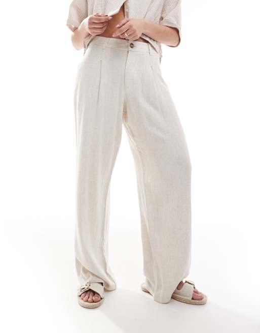 Miss Selfridge – Ljusbeige, figursydda byxor i linnemix med vida ben, 5 av 5