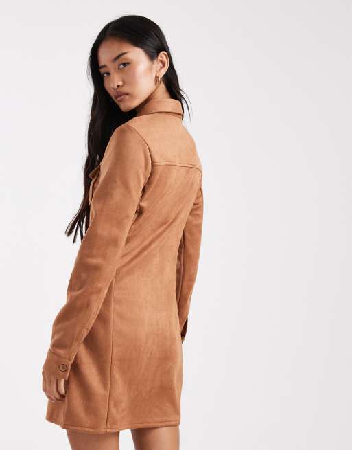 Miss Selfridge – Ljusbrun klänning i mockaimitation med långa ärmar, 3 av 4