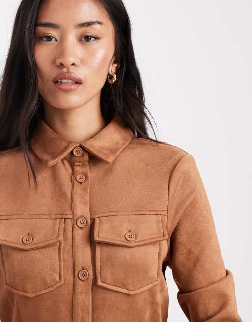 Miss Selfridge – Ljusbrun klänning i mockaimitation med långa ärmar, 4 av 4