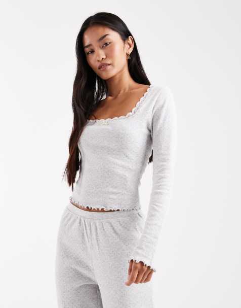 Miss Selfridge – Ljusgrå, pointellestickad topp med fyrkantig ringning - view 1