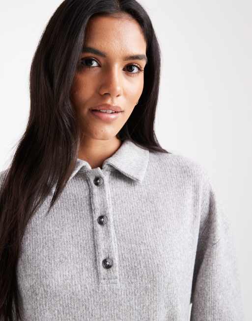 Miss Selfridge – Ljusgrå sweatshirt i borstat material med krage, del av set, 3 av 4