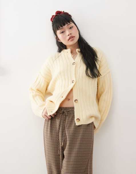 Miss Selfridge – Ljusgul ribbad, kofta i oversize - view 1