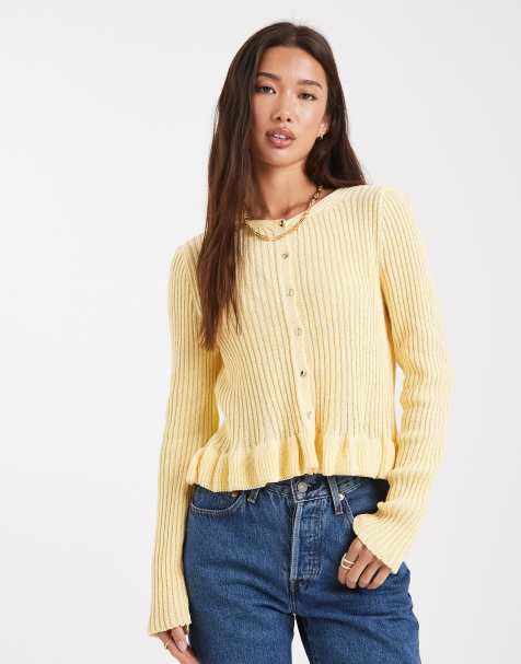 Miss Selfridge – Ljusgul, stickad kofta i peplum-modell - view 1