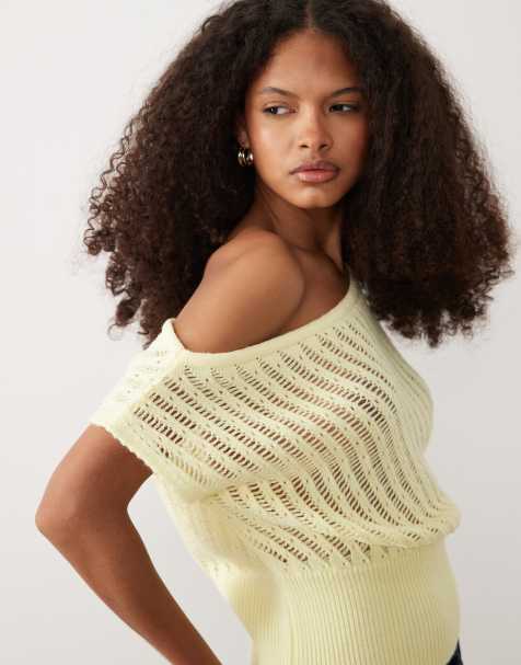 Miss Selfridge – Ljusgul, stickad topp med bara axlar - view 1