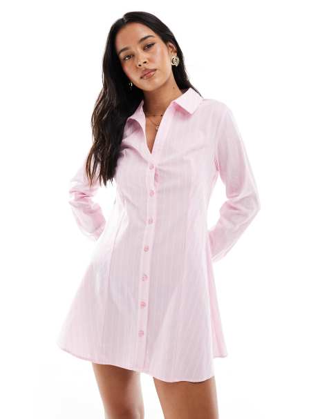 Miss Selfridge – Ljusrosa, kritstrecksrandig, figurnära skjortklänning i poplin - view 1