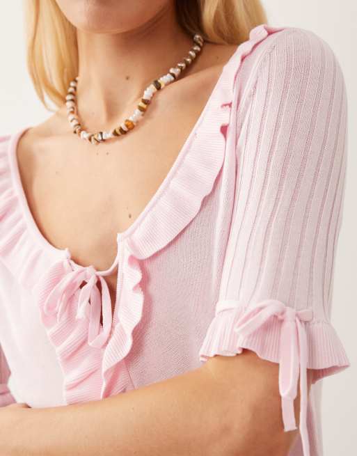 Miss Selfridge – Ljusrosa, skir topp med volanger, 3 av 4