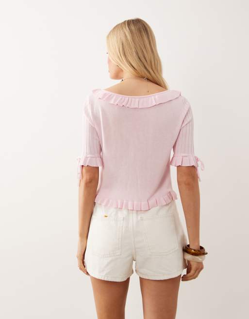 Miss Selfridge – Ljusrosa, skir topp med volanger, 4 av 4