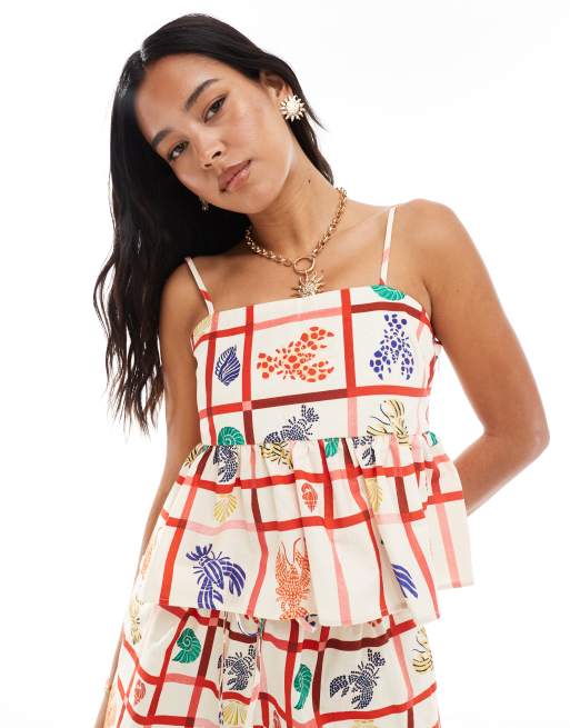 Miss Selfridge – Lniany top na ramiączkach w stylu babydoll we wzór z homarem, część zestawu