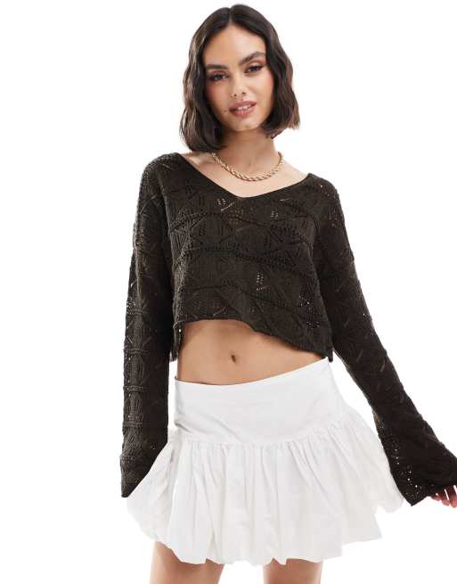 Miss Selfridge – Lockerer Pullover aus Häkelstoff in Schokobraun
