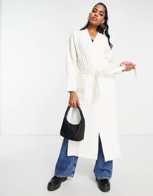 Miss Selfridge long line belted cardigan in ivory, 3 of 4