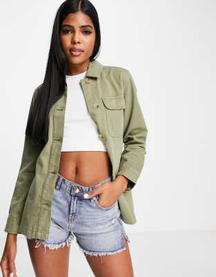 Miss Selfridge long line denim shacket in khaki