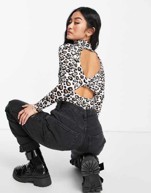 Miss Selfridge long sleeve animal print twist back bodysuit