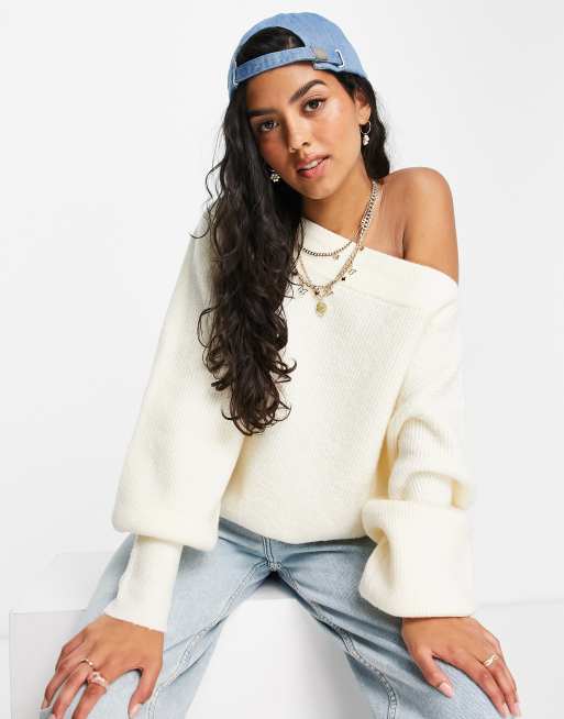 Miss Selfridge Long Sleeve Asymmetric Bardot Jumper In Cream Asos