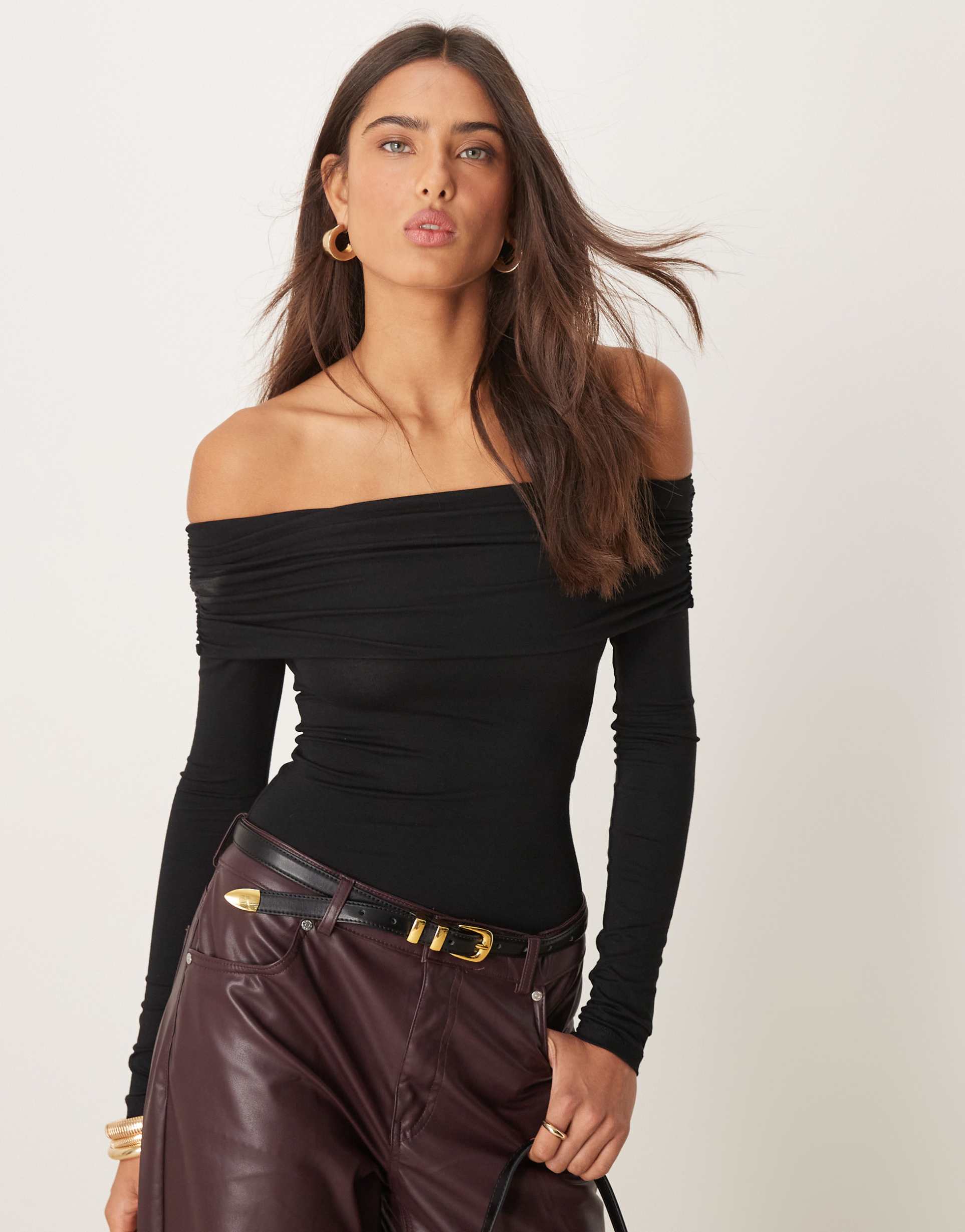 miss selfridge long sleeve bardot bodysuit in black