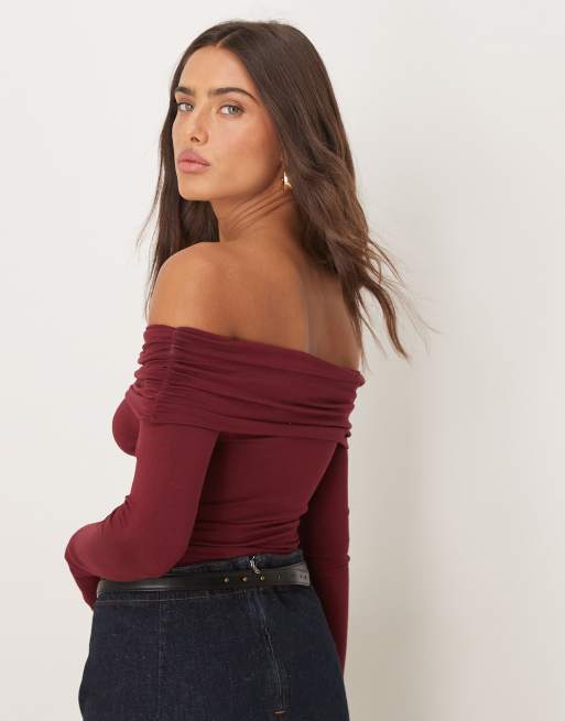 Miss Selfridge long sleeve bardot bodysuit in burgundy, 3 of 4