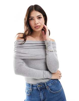 Miss Selfridge Long Sleeve Bardot Bodysuit In Dark Gray Heather