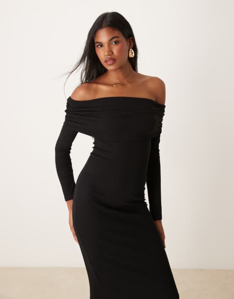 Miss Selfridge long sleeve bardot maxi dress in black - view 1