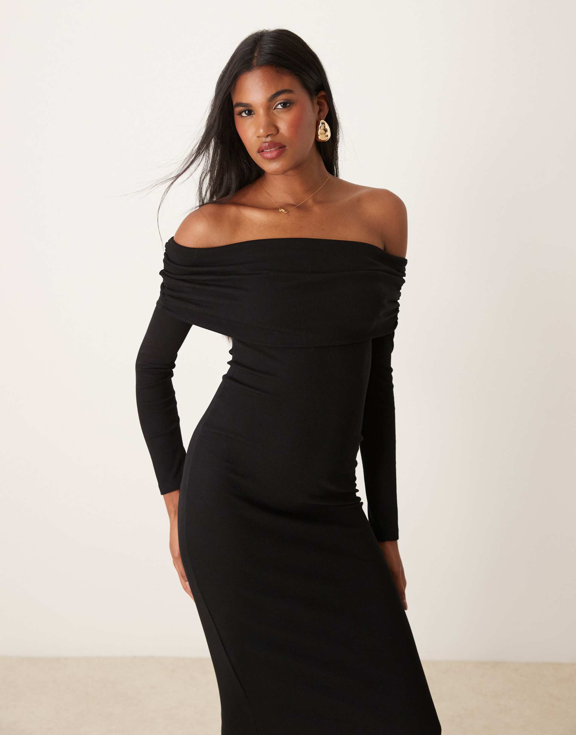 miss selfridge long sleeve bardot maxi dress in black