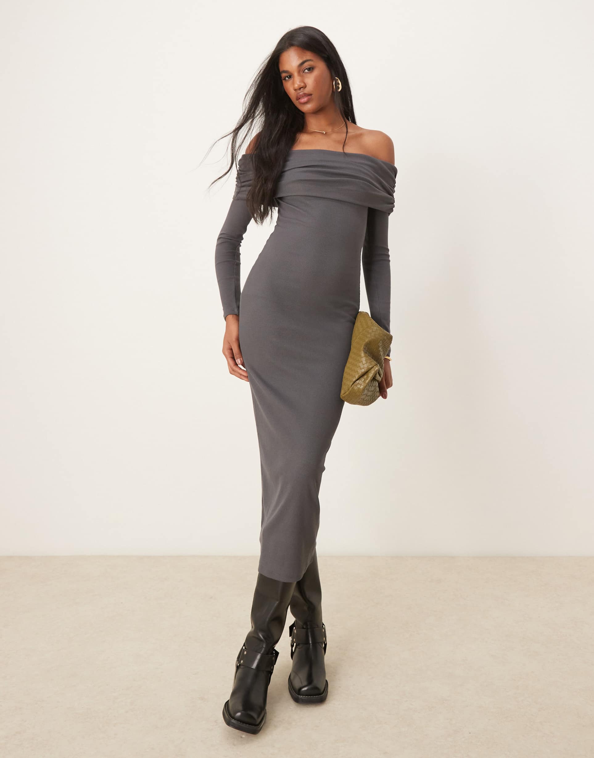 miss selfridge long sleeve bardot maxi dress in gray