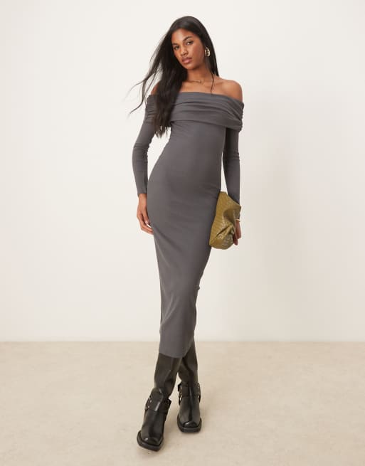 Miss Selfridge long sleeve bardot maxi dress in gray